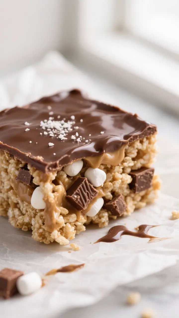 Close-up detail: A just-sliced Reese’s Rice Krispie Treat square with a glossy chocolate–peanut 