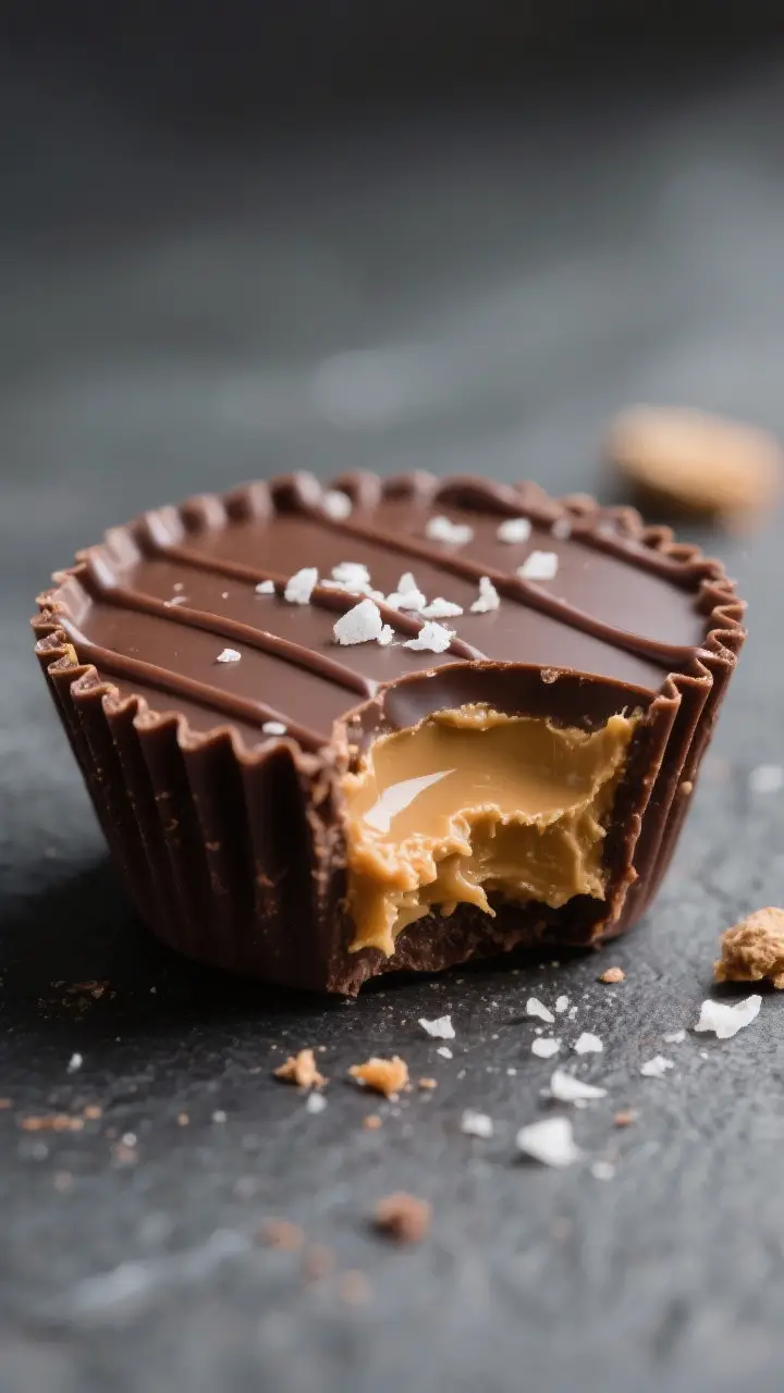 Close-up detail: A just-unwrapped Double Buttercup peanut butter cup with a clean bite taken out, re