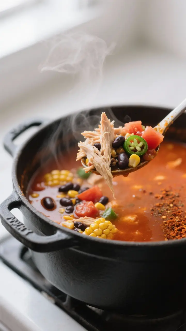 Close-up detail: A ladle lifting shredded chicken taco soup from a Dutch oven mid-simmer, showing te