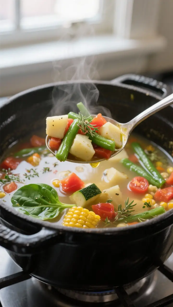 Close-up detail: A ladle lifting Vegetable Medley Soup from a simmering pot, showcasing tender potat