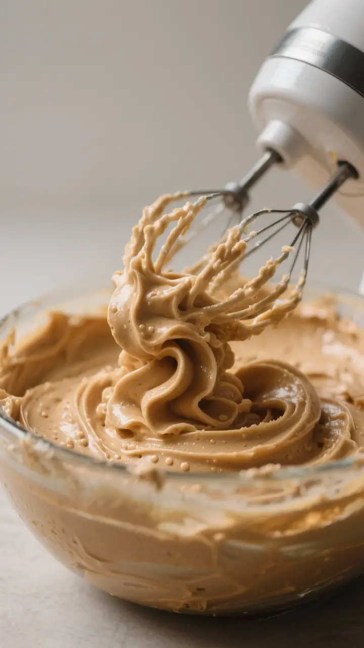 Close-up detail: A mixer bowl filled with freshly whipped peanut butter frosting mid-process, showin