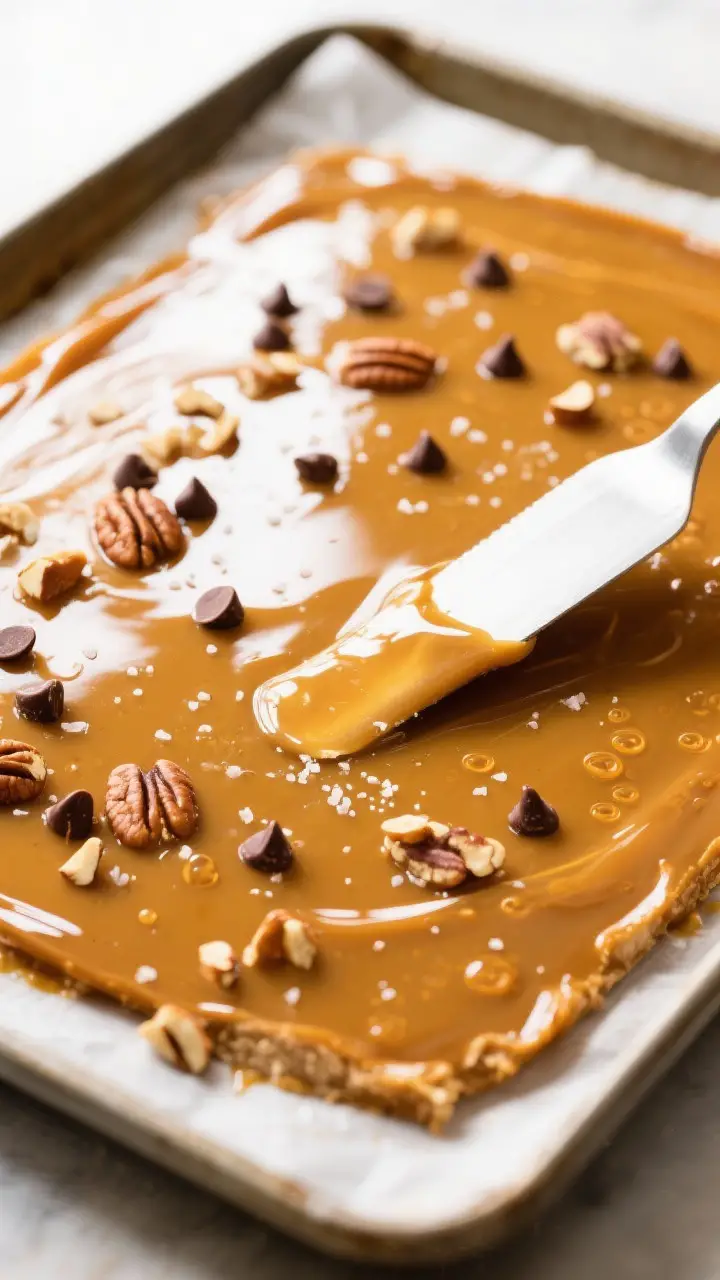 Close-up detail: A molten sheet of freshly poured toffee being spread to a 1/4-inch layer on parchme