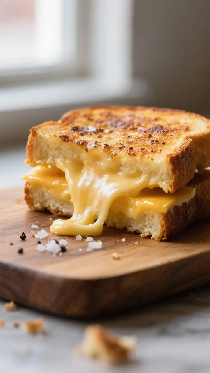 Close-up detail: A Monterey Jack grilled cheese just sliced on a wooden board, dramatic cheese pull 