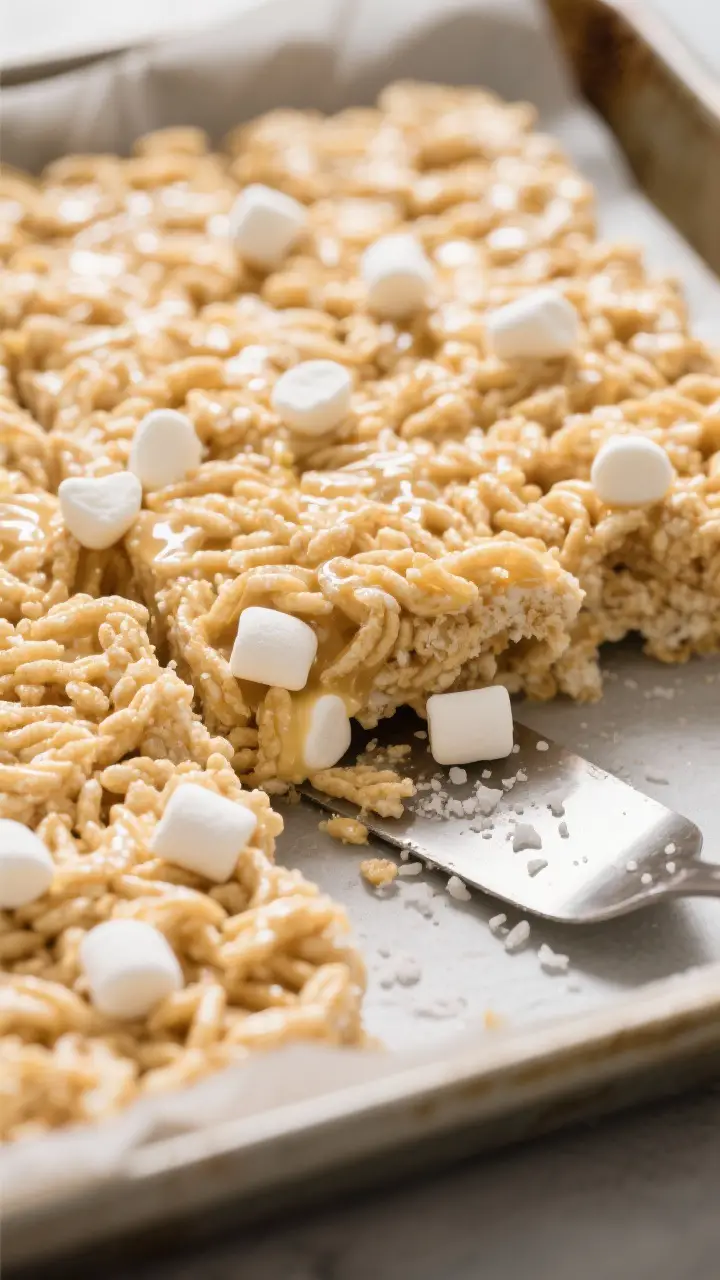 Close-up detail: A mound of freshly pressed Rice Krispies treats in the pan, showing glossy, gooey p