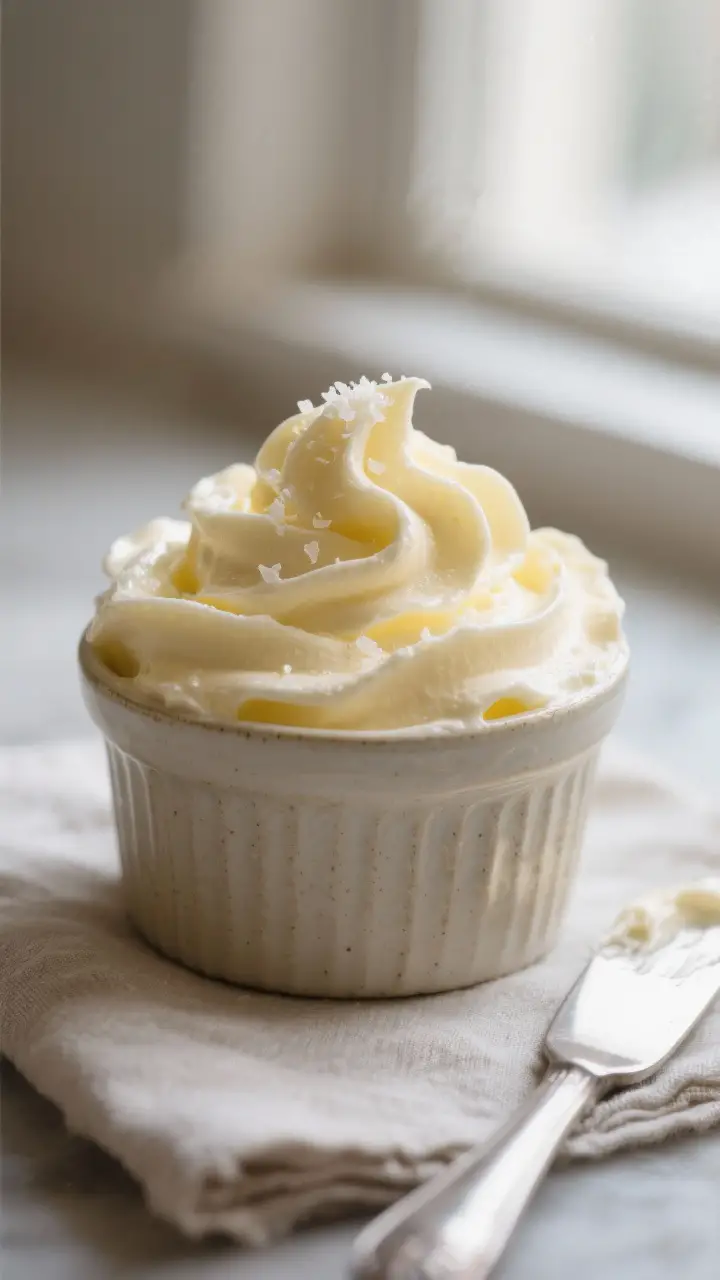 Close-up detail: A mound of freshly whipped butter in a small ceramic ramekin, showing airy, soft pe