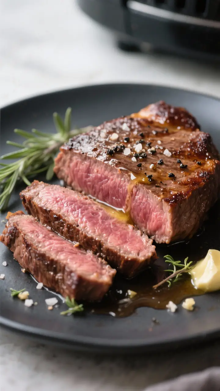 Close-up detail: A perfectly cooked air fryer filet mignon sliced to reveal a warm pink medium-rare 