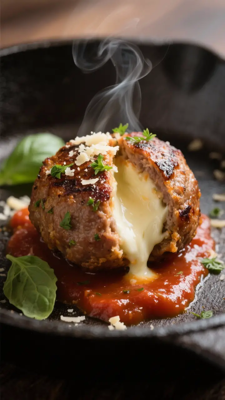 Close-up detail: A seared “Undercover Meatball” split open to reveal a molten low-moisture mozza