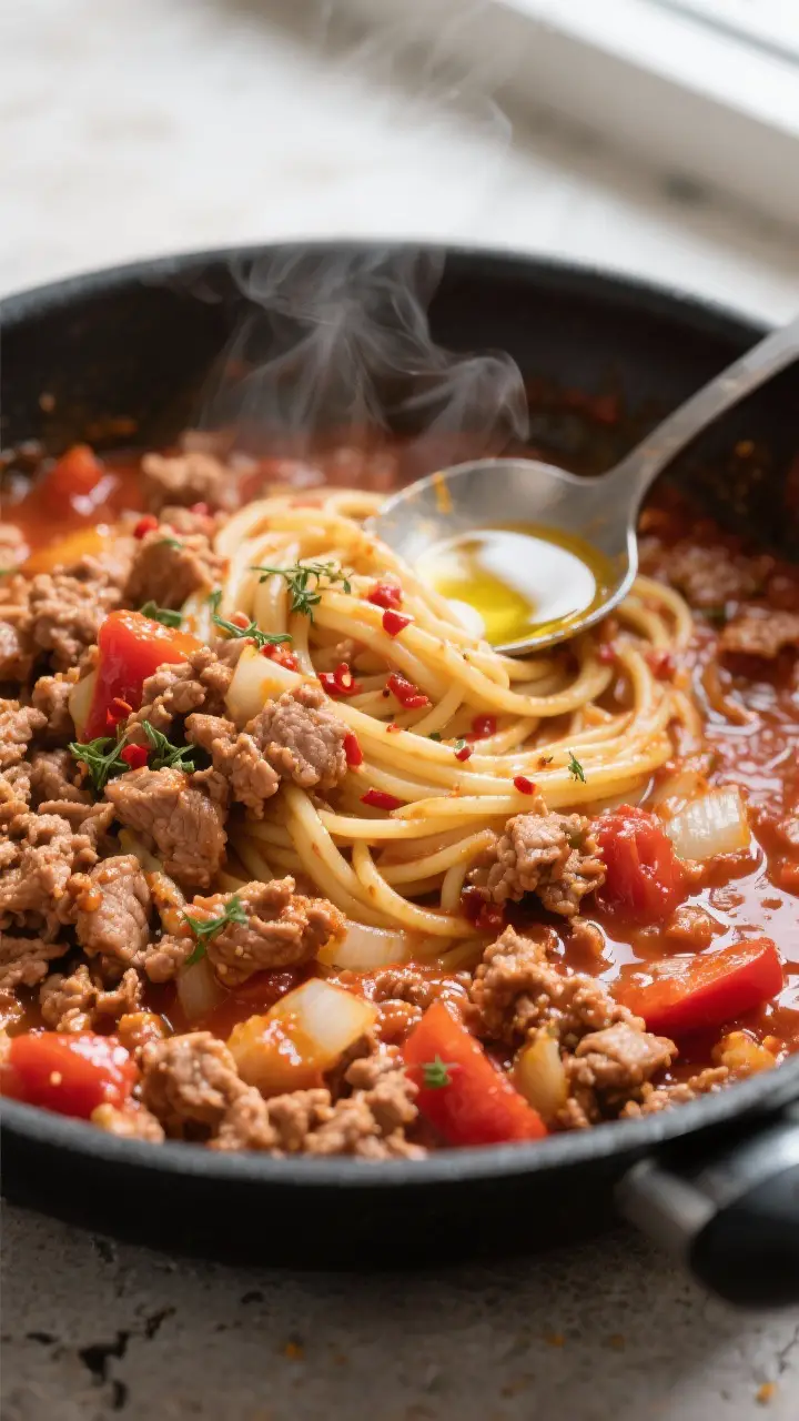 Close-up detail: A skillet of ground turkey spaghetti sauce mid-simmer, showing browned turkey crumb