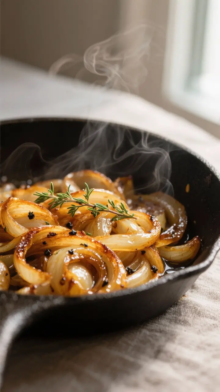 Close-up detail: A skillet of slow-cooked onions at peak golden-brown, glossy and silky with tiny th