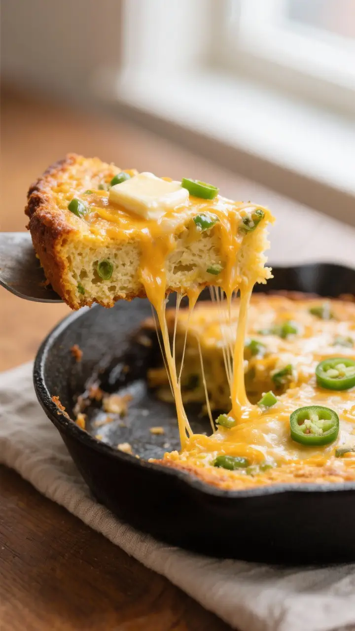 Close-up detail: A slice being lifted from a hot cast-iron skillet of cheesy green chile cornbread j