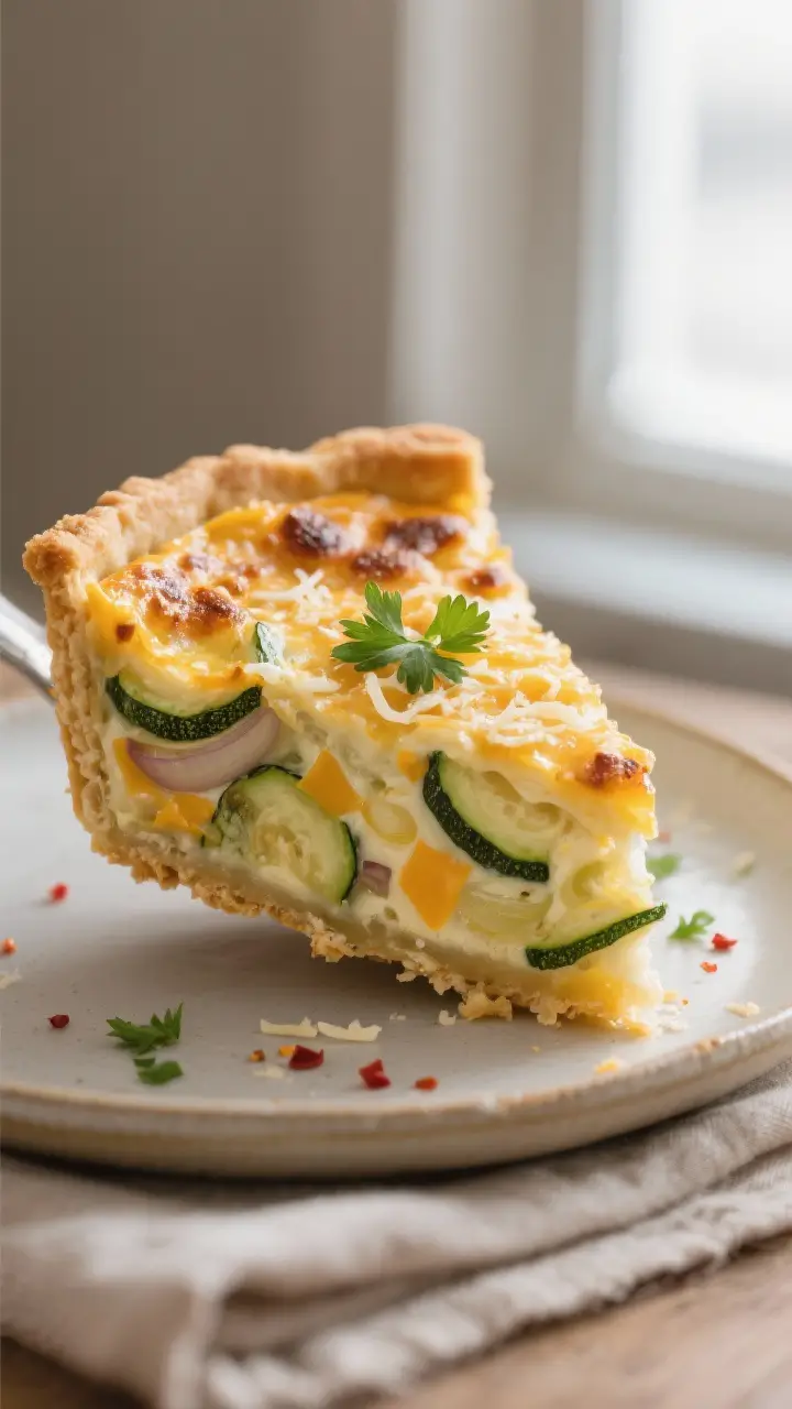 Close-up detail: A slice of Cheesy Zucchini Quiche just cut and slightly lifted from the pie dish, s