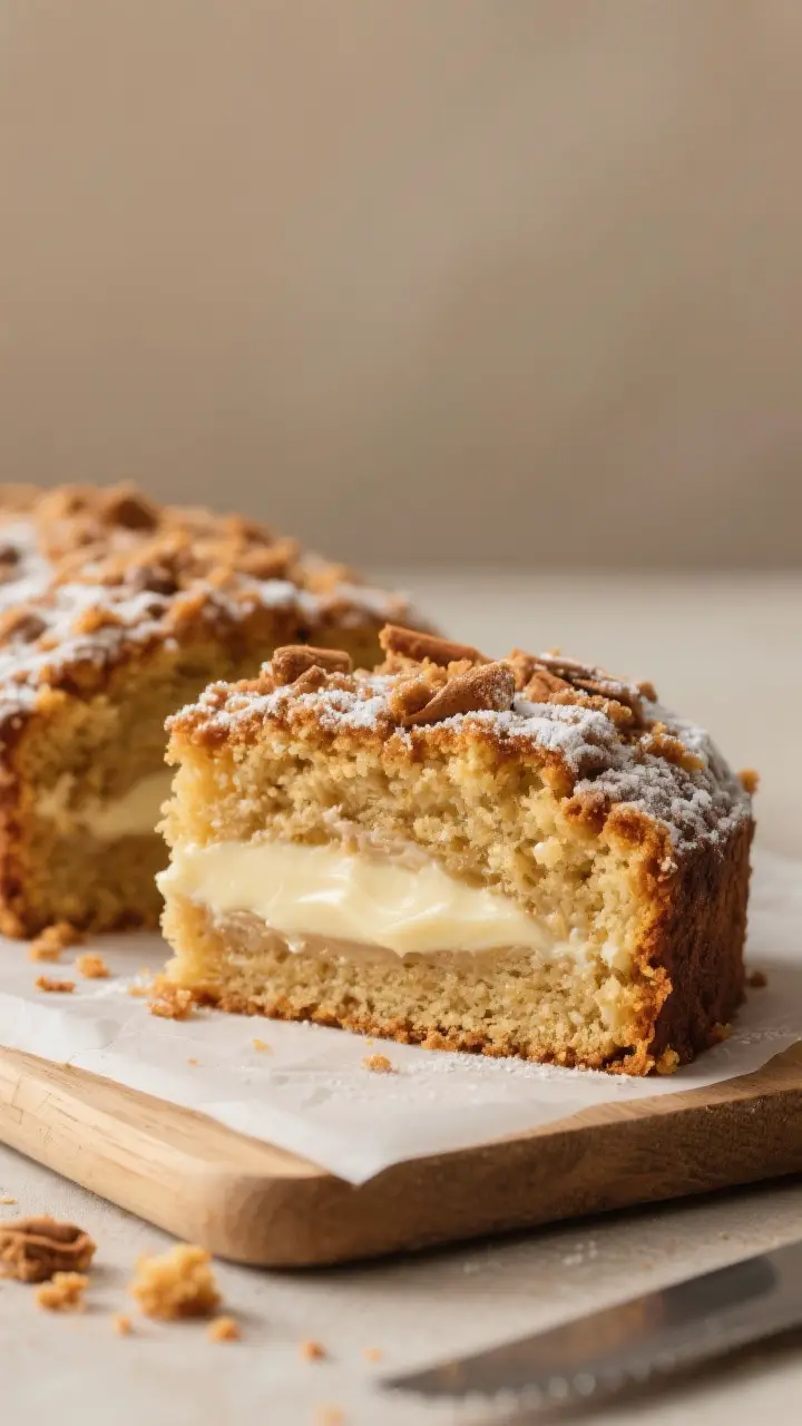 Close-up detail: A sliced piece of pudding filled coffee cake on a parchment-lined cutting board, sh