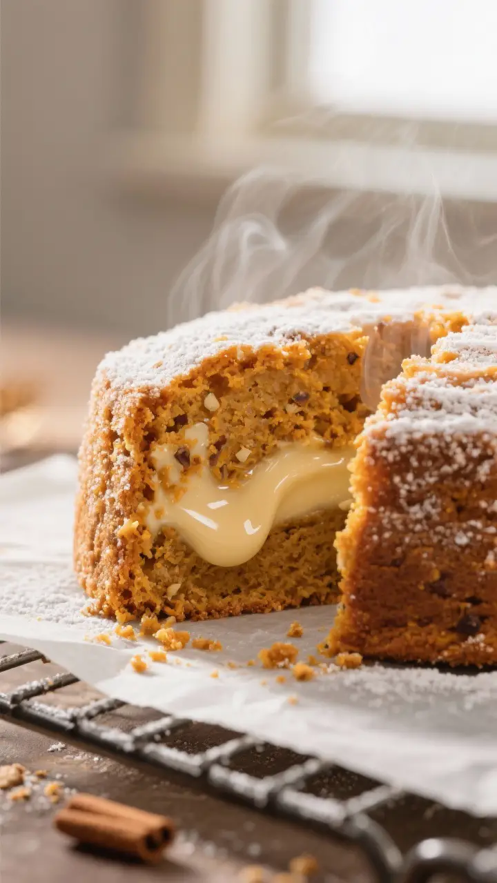 Close-up detail: A sliced Travelling Custard Pumpkin Cake on a parchment-lined cooling rack, showing