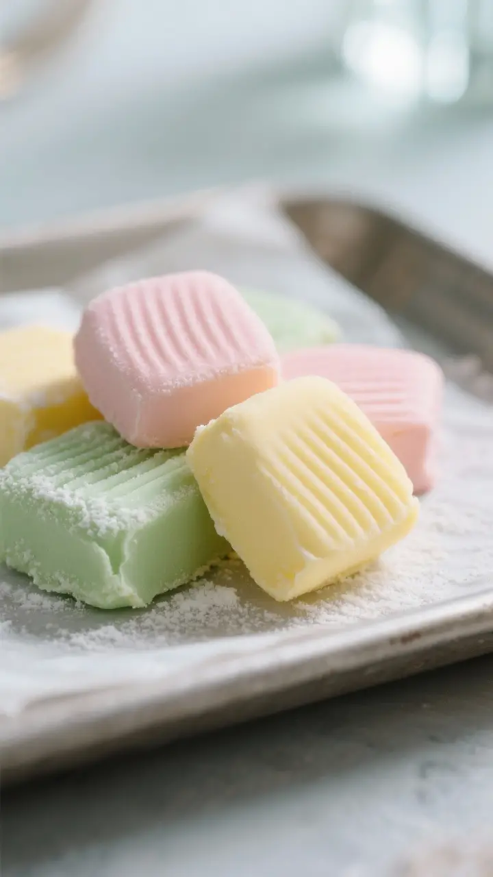 Close-up detail: A small cluster of finished butter mint pats in soft pastel hues (mint green, blush