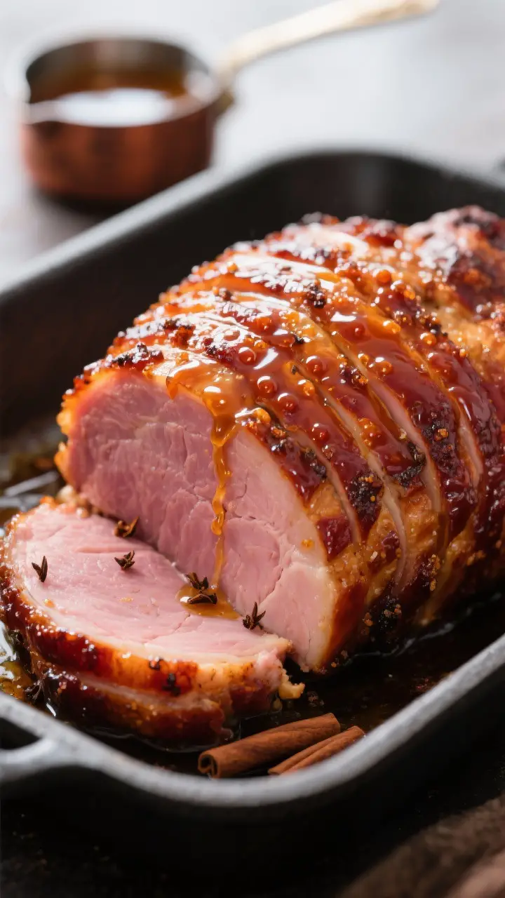Close-up detail: A spiral-sliced honey baked ham just out of the oven, final glaze layer bubbling un