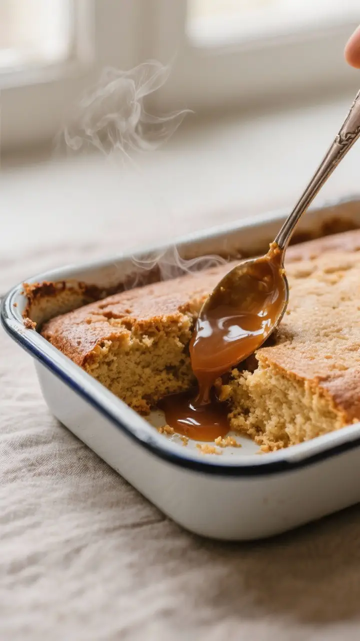 Close-up detail: A spoon breaking into a freshly baked Gingeree Pudding Cake in the pan, revealing t