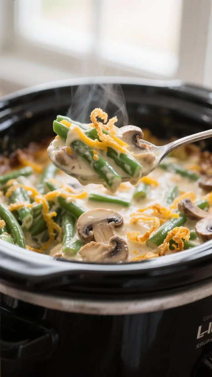 Close-up detail: A spoon lifting a creamy scoop of crockpot green bean casserole straight from the s