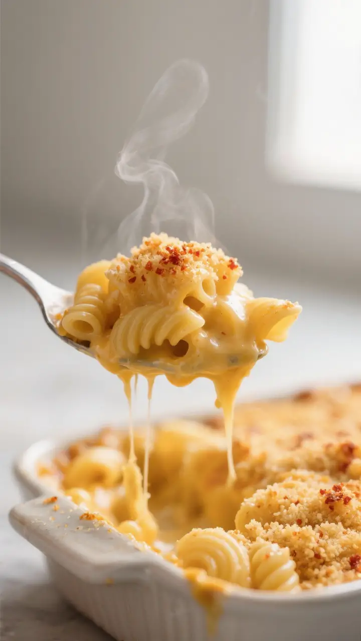 Close-up detail: A spoonful lift of baked mac and cheese showing creamy, velvety cheese sauce clingi