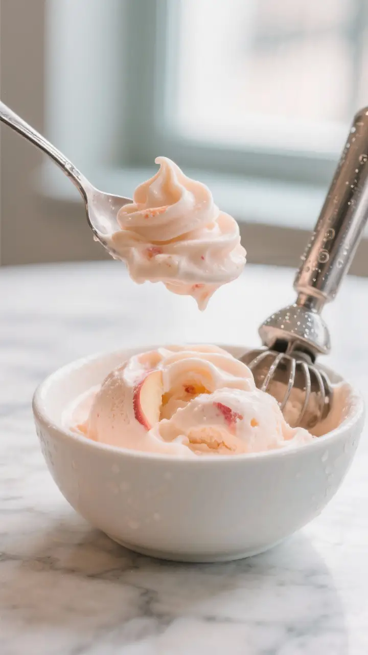 Close-up detail: A spoonful of freshly churned peach ice cream at soft-serve stage being lifted from