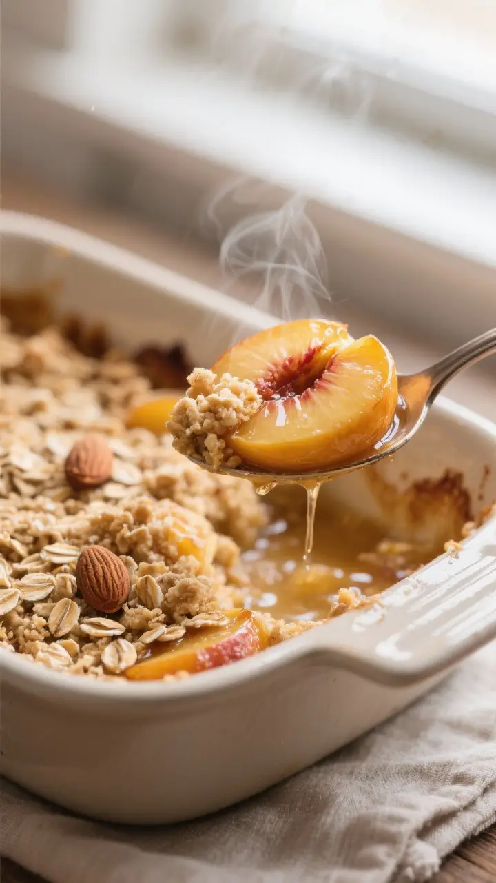 Close-up detail: a spoonful of warm baked peaches with oat crumble lifted from the pan, showing syru