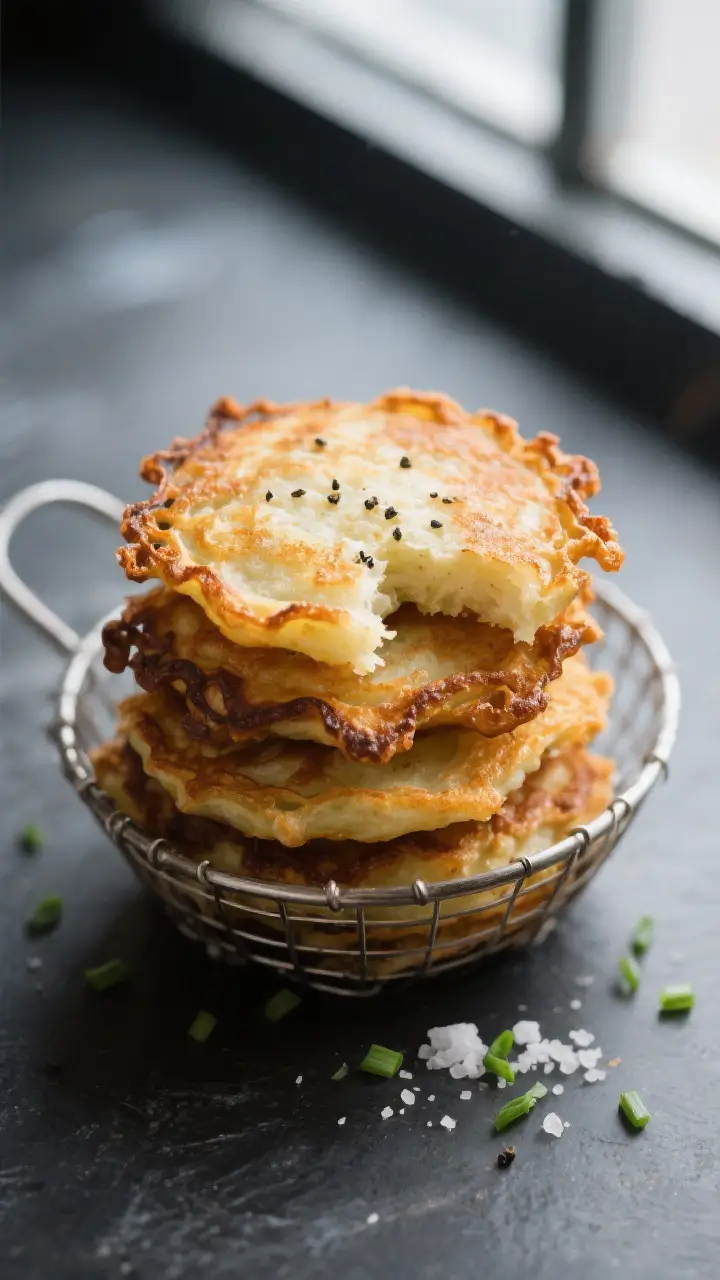 Close-up detail: A stack of air-fried potato pancakes just out of the basket, edges deeply golden an
