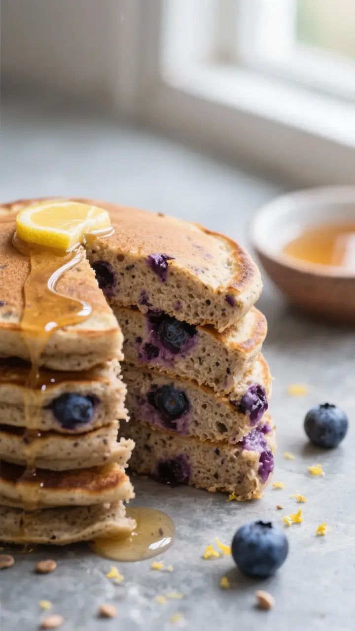 Close-up detail: A stack of blueberry buckwheat pancakes mid-slice, showing a tender, fluffy crumb w