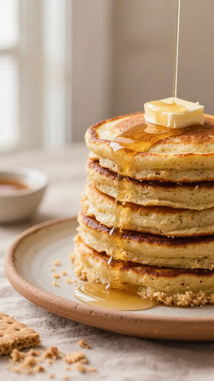 Close-up detail: A stack of freshly cooked Graham Cracker Griddle Cakes on a warm ceramic plate, edg