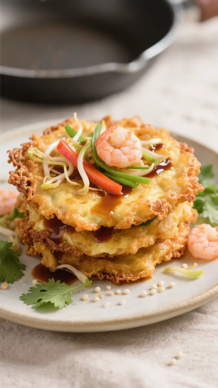 Close-up detail: A stack of golden-brown Foo Yong fritters just out of the pan, edges deeply crisp w