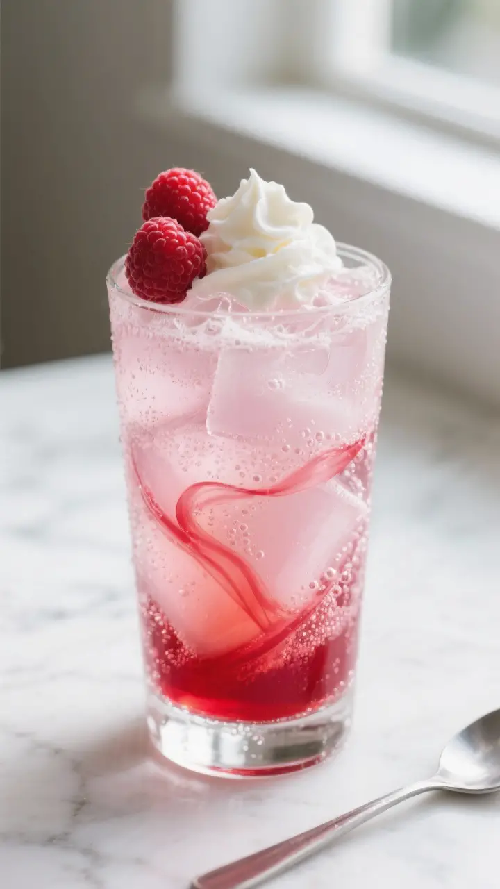 Close-up detail: A tall Collins glass of raspberry Italian cream soda mid-swirling, showing vibrant 