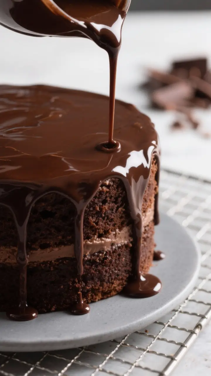 Close-up detail: A thick, glossy chocolate glaze being poured over a fully assembled, cooled two-lay