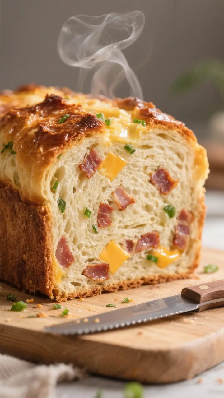 Close-up detail: A thick slice of baked bacon bread just cut from the loaf, showing a soft, fluffy c