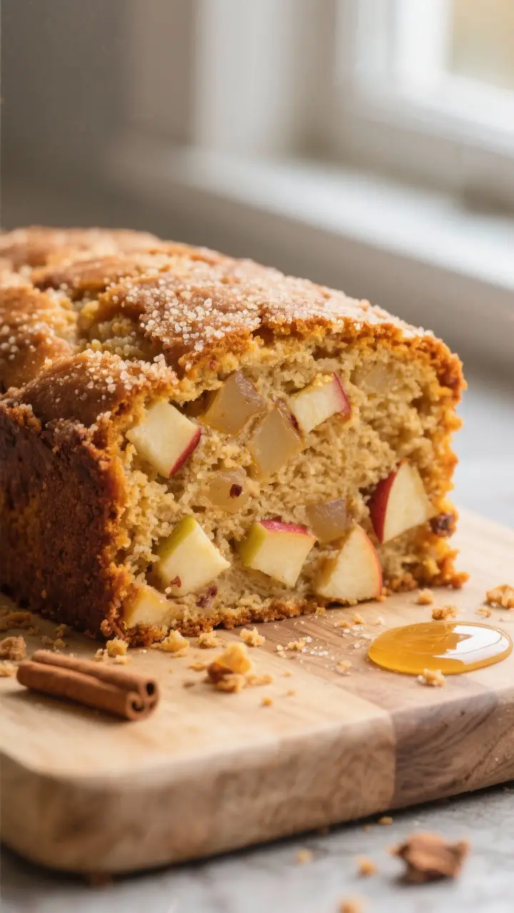 Close-up detail: A thick slice of baked Sweet Potato-Apple Cake just cut, showing a moist, tender cr