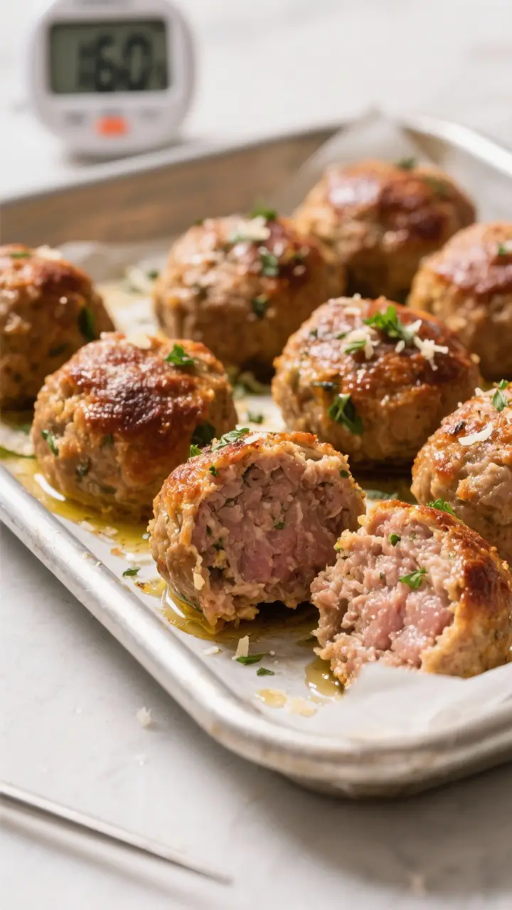 Close-up detail: A tray of baked Italian meatballs just out of the oven, golden-brown and glistening