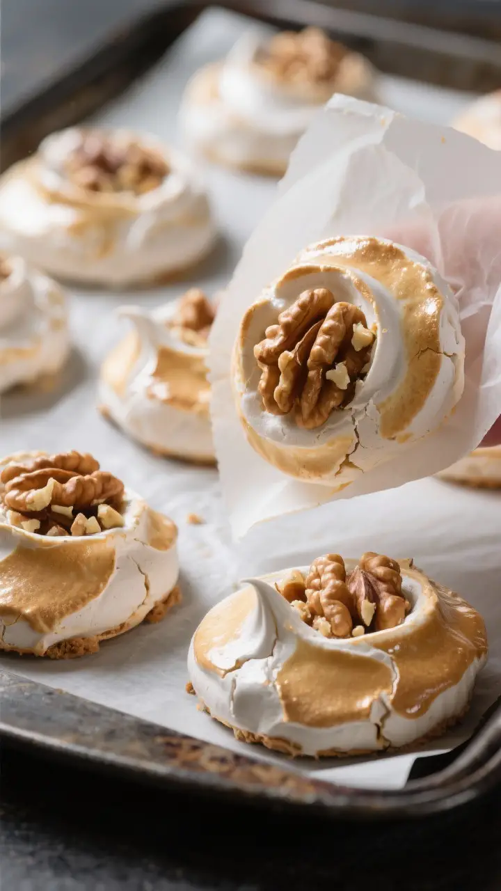 Close-up detail: A tray of freshly baked Walnut Meringue Marvels just out of the low oven, shells dr