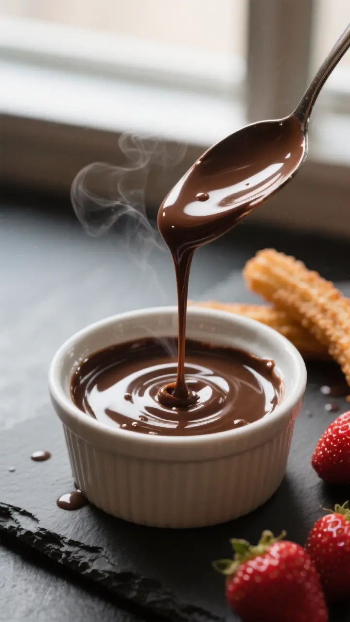 Close-up detail: A warm ramekin of glossy chocolate dipping syrup with a ribboning pour falling from