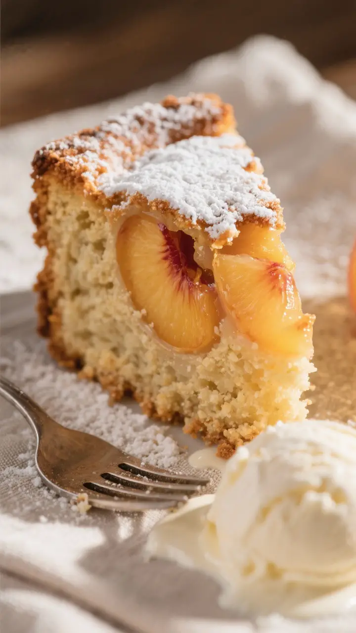 Close-up detail, : A warm slice of Peek-a-boo Peachcake just cut, showing tender, buttery crumb with