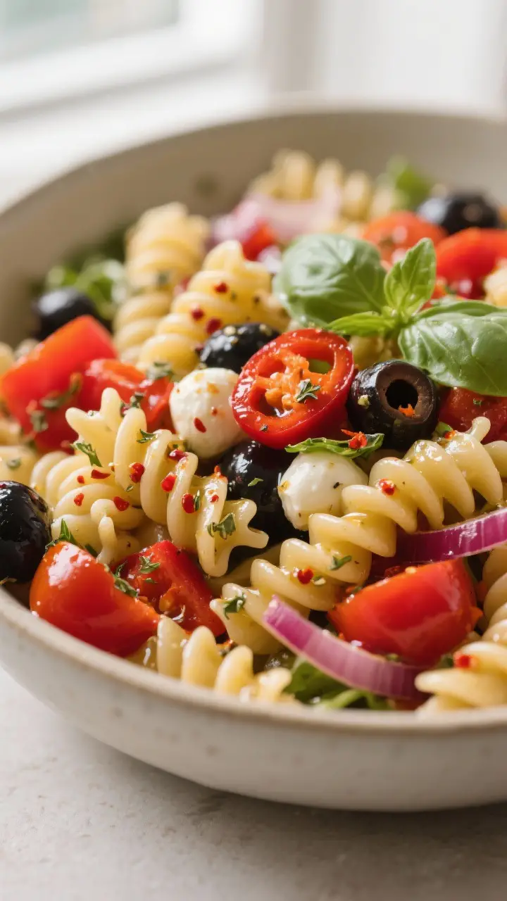 Close-up detail: Al dente rotini pasta salad just after tossing, glistening with emulsified Italian