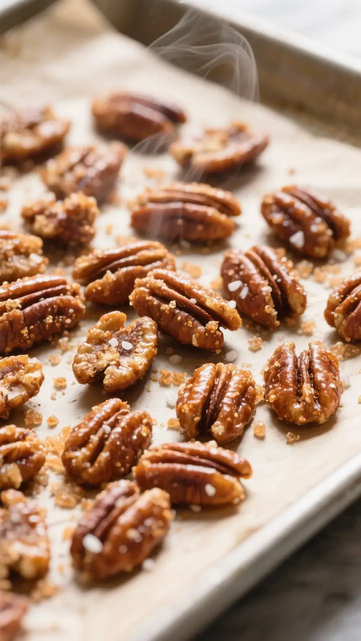 Close-up detail: Candied pecans just out of the oven, scattered on a parchment-lined baking sheet in
