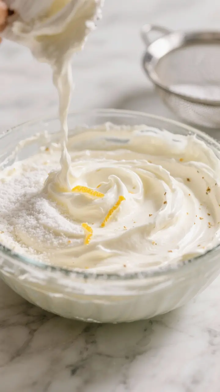 Close-up detail: Cannoli dip mid-prep as the smooth ricotta–mascarpone base is being beaten in a g