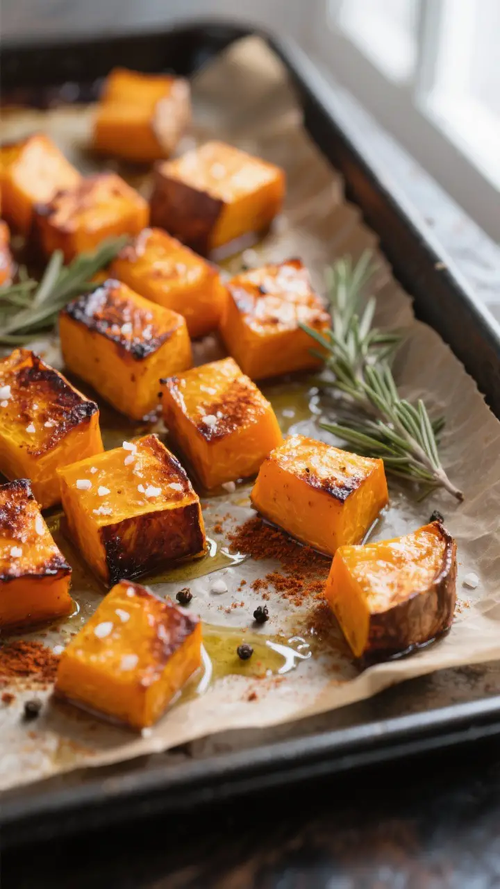 Close-up detail: Caramelized roasted butternut squash cubes just out of the oven on a dark metal she