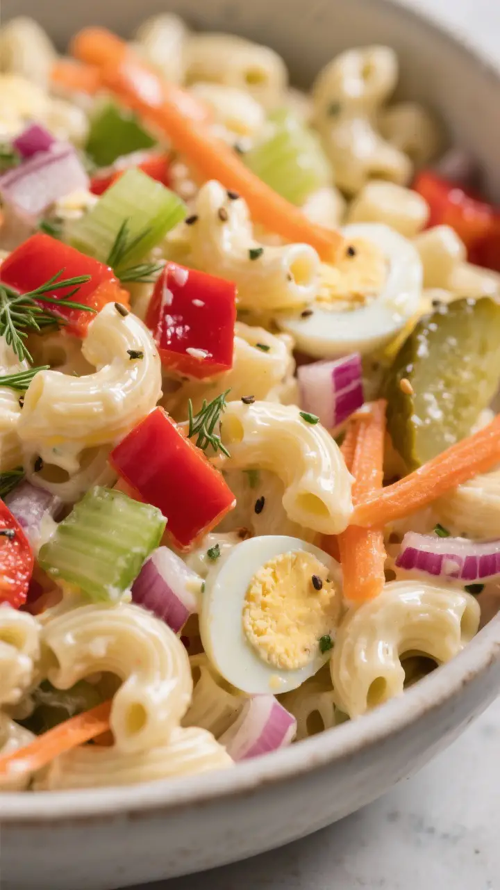 Close-up detail, creamy mix-in moment: A macro shot of the macaroni salad mid-combine in a large bow