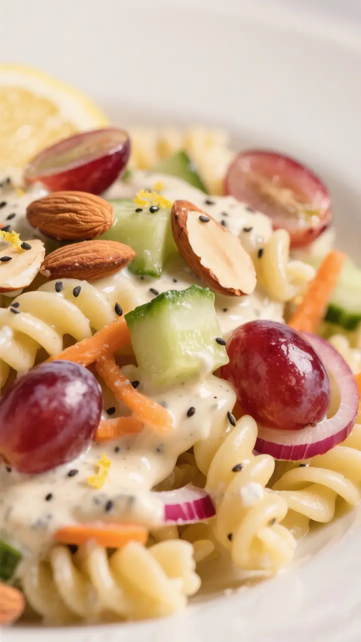 Close-up detail: Creamy poppy seed dressing clinging to al dente rotini with halved red grapes, dice