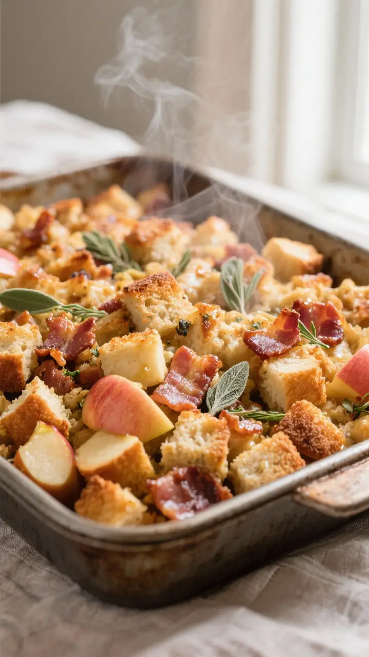 Close-up detail: Crisp-topped Bacon Apple Stuffing just out of the oven, showing deeply golden, crun
