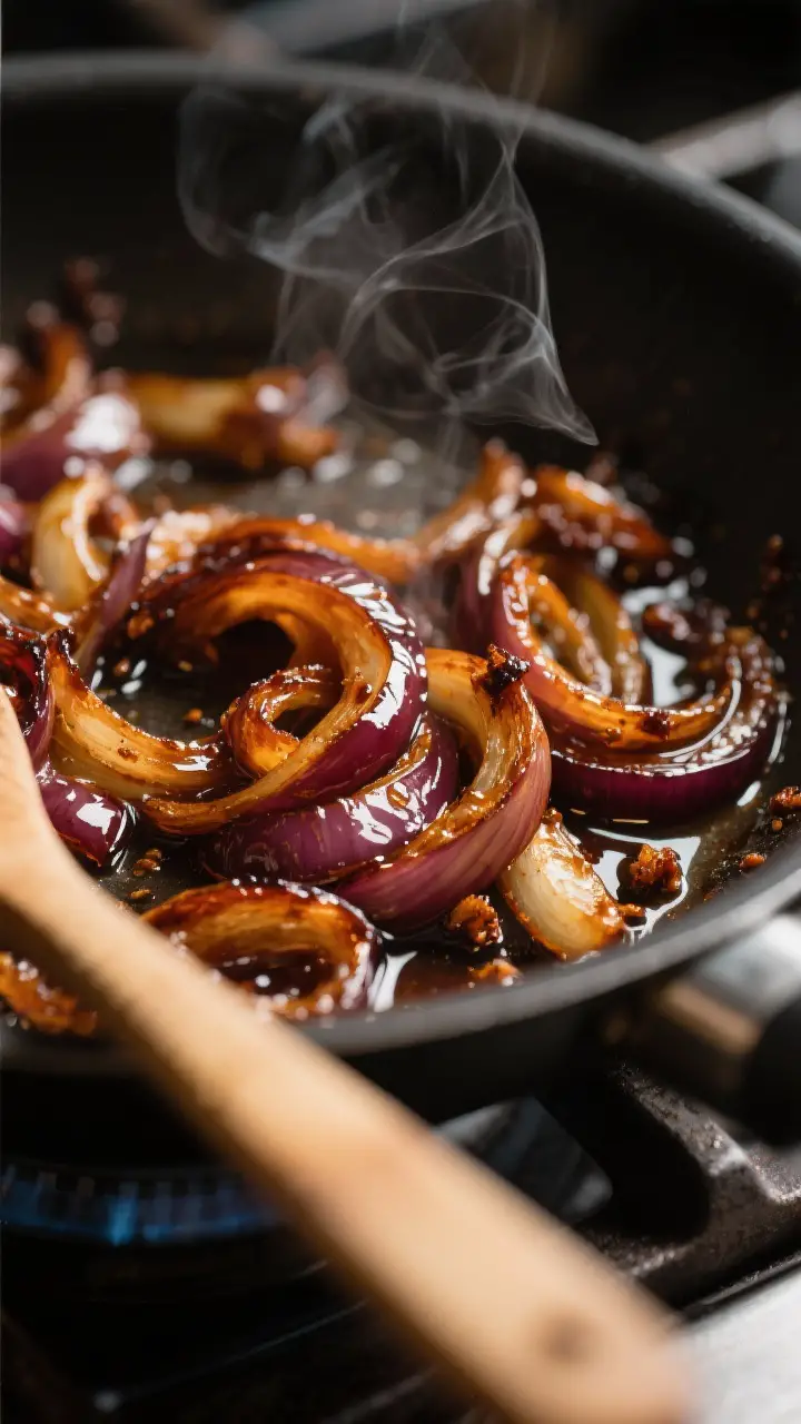 Close-up detail: Deeply caramelized onions in a skillet just after deglazing with Worcestershire sau