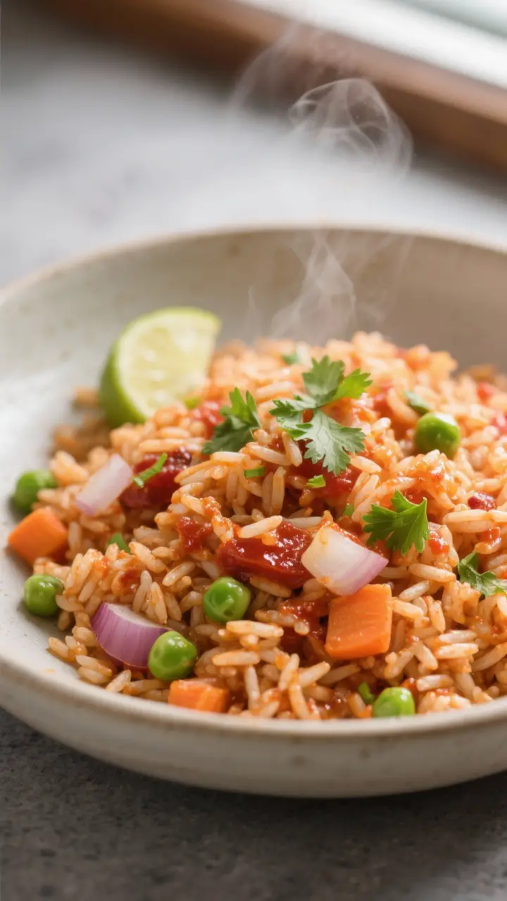 Close-up detail: Fluffy Mexican rice just after steaming, each long-grain coated in glossy tomato sa