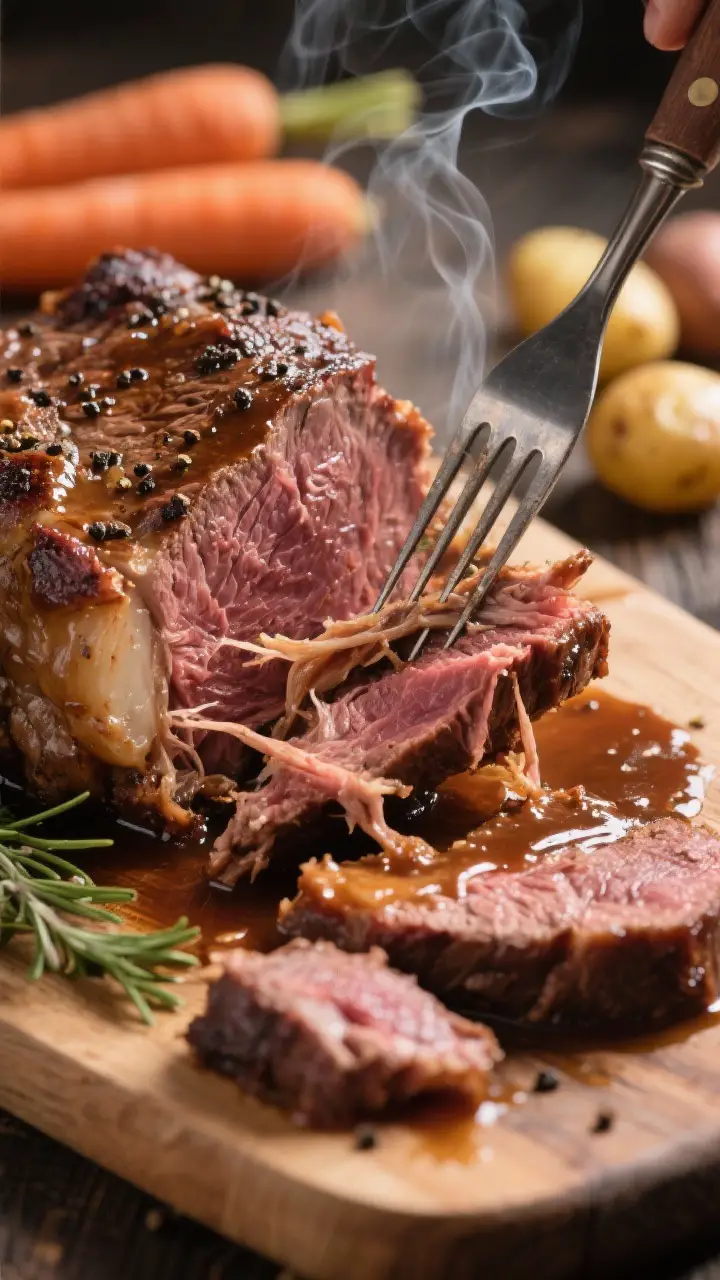 Close-up detail: Fork-tender chuck roast being pulled apart on a carving board, glistening with rich