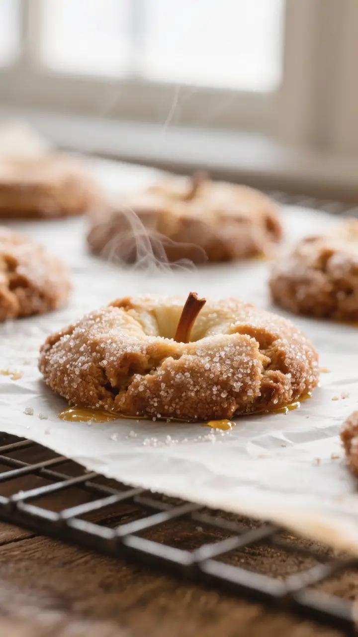 Close-up detail: Freshly baked Apple Sugar Plumps just out of the oven on a parchment-lined sheet, e