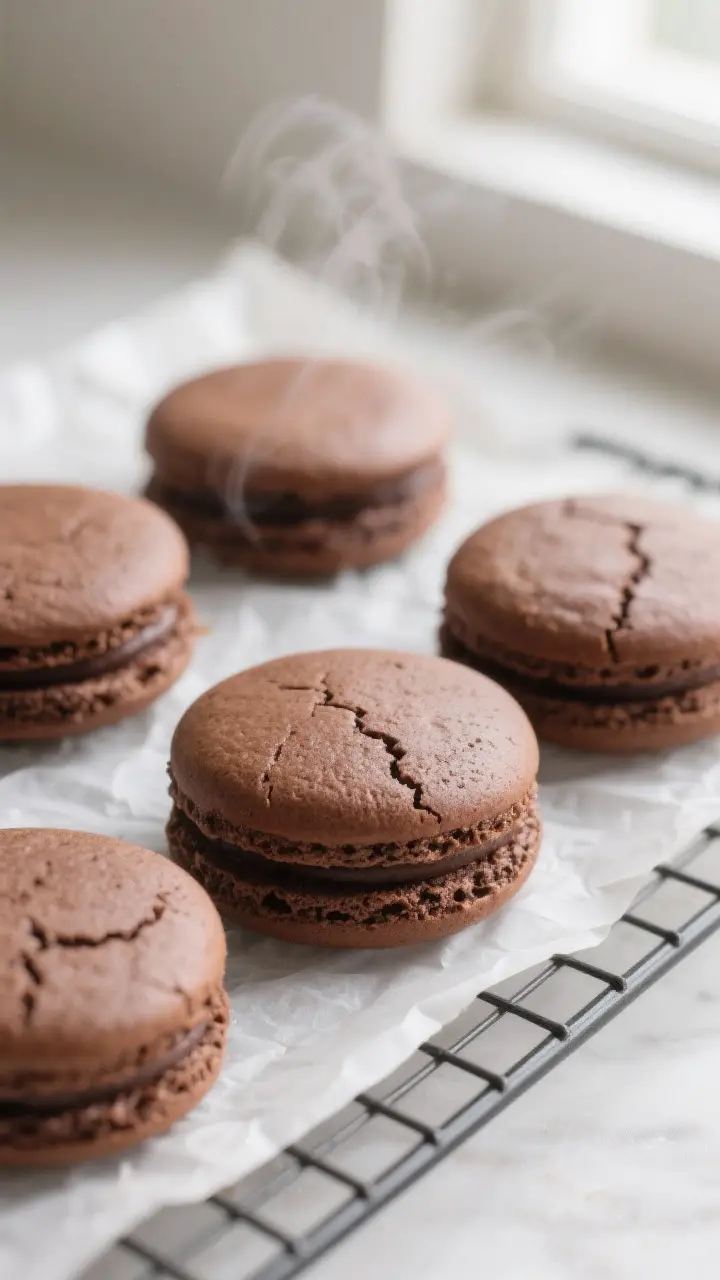Close-up detail: Freshly baked chocolate whoopie pie halves cooling on a wire rack, tops domed and m