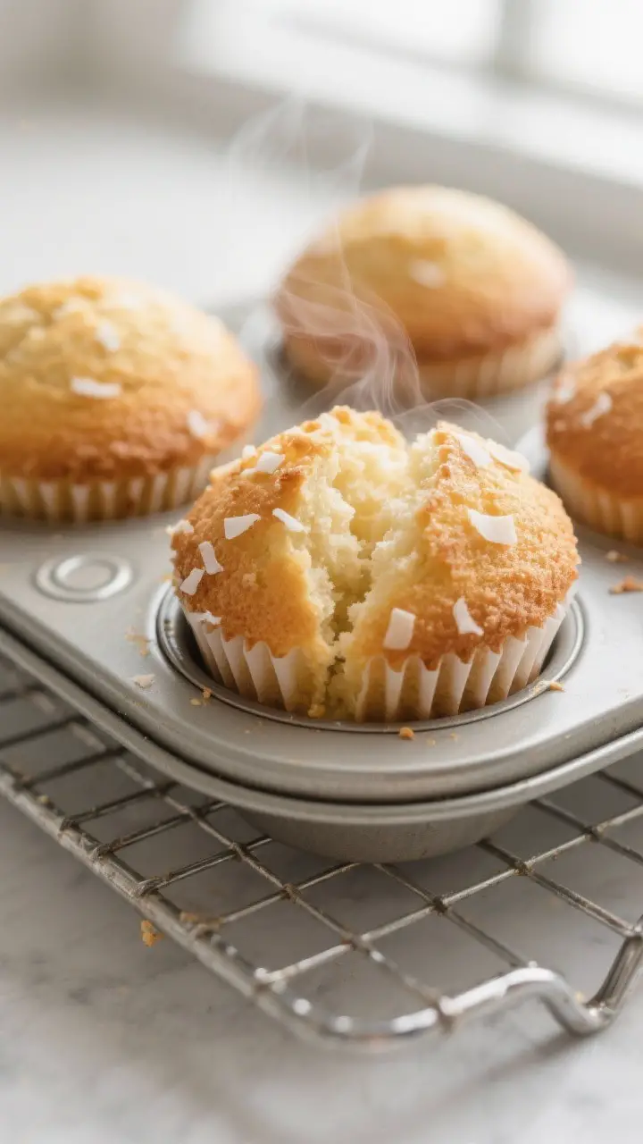 Close-up detail: Freshly baked coconut cupcakes just out of the tin, golden domed tops with a tender