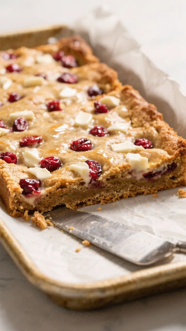 Close-up detail: Freshly baked cranberry bliss bar slab cooling in the parchment-lined 9x13 pan, edg